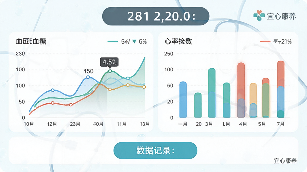 主体为一个简洁的健康数据仪表盘界面,布局为上方显示日期,中间是折线图和柱状图展示血压、血糖、心率数据,下方是数据记录按钮。排版整齐,风格为清新医疗风。细节上,图表线条流畅,颜色区分明显,界面中带有“宜心康养”小字标识。画质清晰,画面干净,无多余装饰元素。