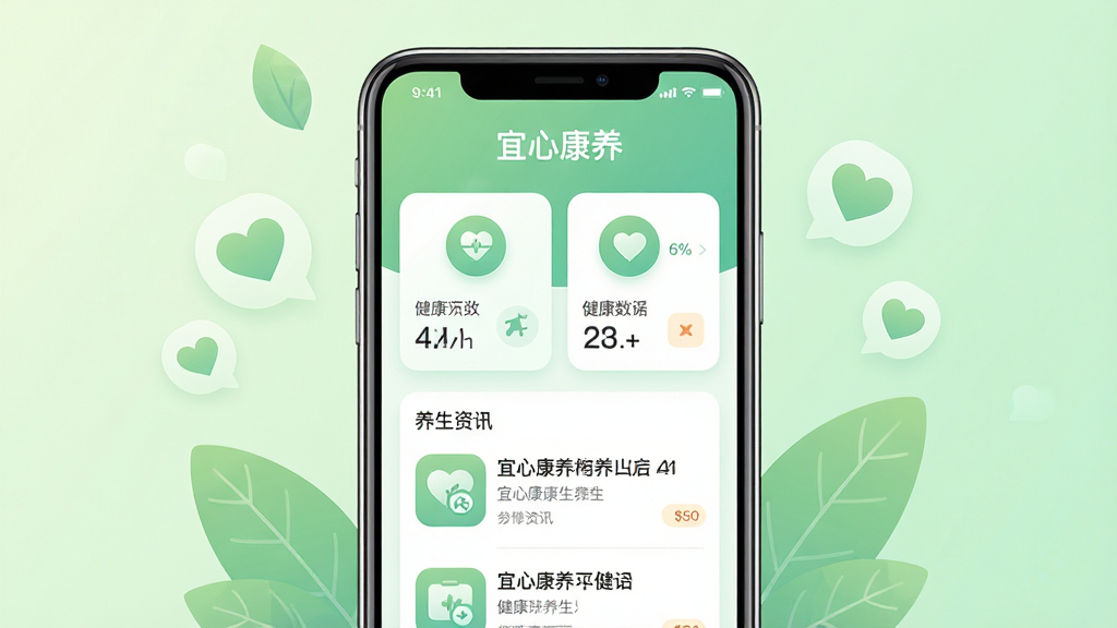 主体为一部智能手机,屏幕上显示宜心康养APP的首页界面,界面中包含健康数据卡片和养生资讯列表。布局为手机居中放置,背景为柔和的浅绿色渐变,周围环绕着淡淡的绿叶与爱心图标。排版简洁清晰,风格为现代扁平化健康类应用视觉。细节上,手机屏幕内文字清晰显示“宜心康养”字样,图标圆润,配色清新。画质高清,画面干净,无多余元素。