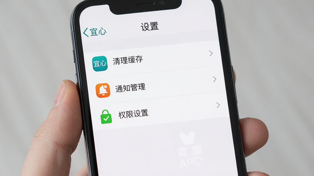 主体为手机屏幕显示宜心康养APP的设置页面,布局为顶部标题“设置”,下方列表包含“清理缓存”“通知管理”“权限设置”等选项。排版为垂直列表,风格为简洁设置风。细节上,界面中带有“宜心康养”字样,图标清晰。画质高清,画面干净,无多余元素。