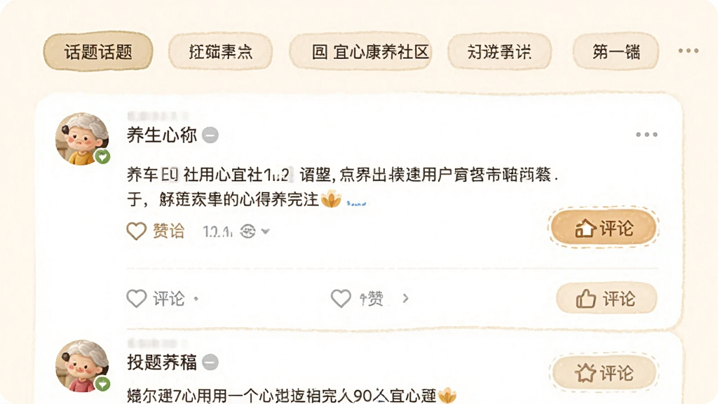 主体为社区互动界面,布局为顶部话题标签,中间是用户发帖列表,包含头像、昵称、文字内容和点赞评论按钮。排版为信息流形式,风格为温馨社交风。细节上,帖子内容涉及养生心得,界面中带有“宜心康养”社区标识。画质清晰,画面干净,无多余元素。