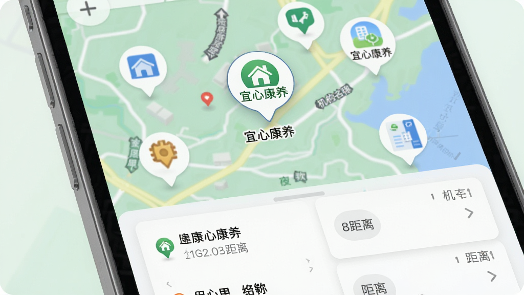 主体为手机地图界面,布局为地图上标注多个康养服务点图标,下方是服务列表卡片,包含机构名称和距离。排版为地图加列表,风格为实用工具风。细节上,地图中带有“宜心康养”服务点标记,图标清晰。画质高清,画面干净,无多余元素。