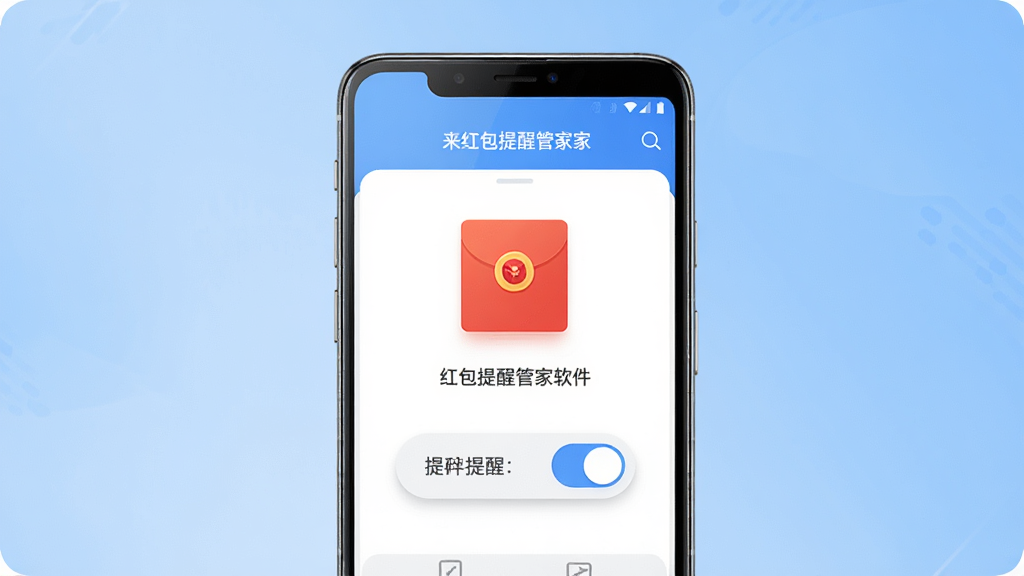 来红包提醒管家软件主界面展示图,画面中央是一部安卓手机,手机屏幕显示来红包提醒管家的首页界面,界面上有红包图标和提醒开关按钮,背景是柔和的渐变蓝色,整体布局简洁明了,排版居中,风格为现代科技感扁平化设计,细节包括手机边框的高光和界面按钮的微阴影,画质高清,画面干净,无多余元素