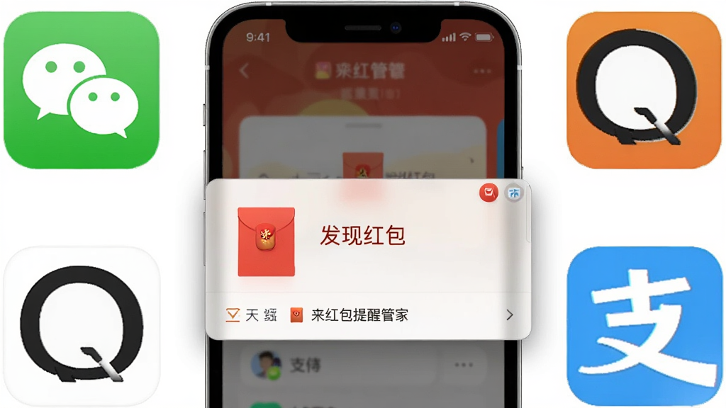 来红包提醒管家智能识别红包消息的功能展示图,画面主体是一部手机和多个社交软件图标,手机屏幕显示来红包提醒管家的提醒弹窗,弹窗上写着“发现红包”,周围环绕微信、QQ、支付宝的图标,布局为手机居中、图标环绕,排版错落有致,风格为扁平化插画风,细节包括弹窗的阴影和图标的高光,画质清晰,画面干净,无多余元素