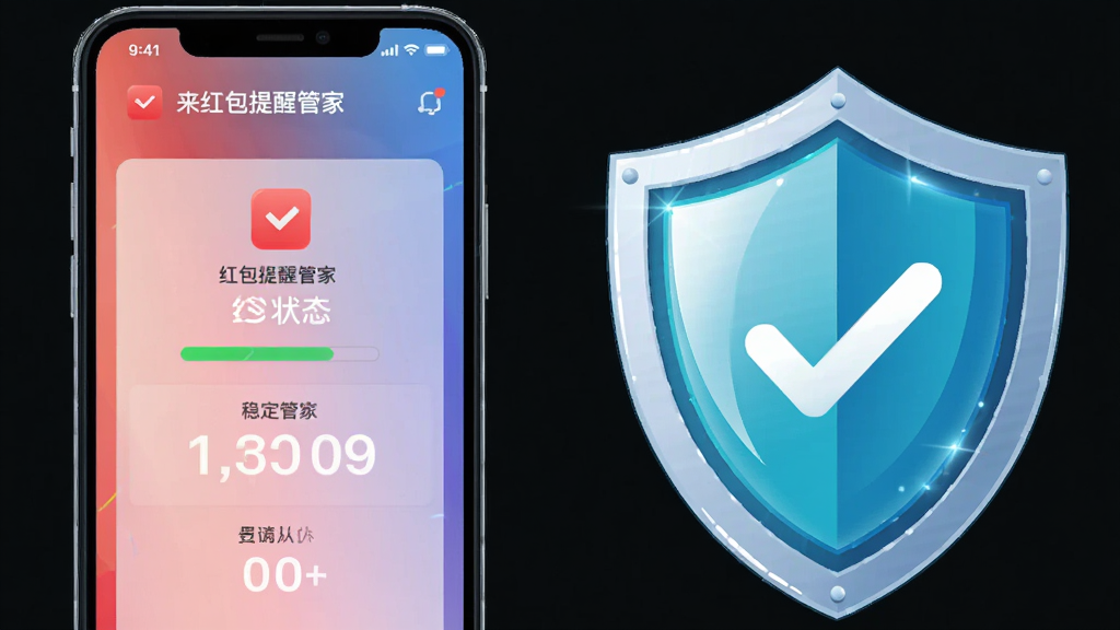 来红包提醒管家后台稳定运行示意图,画面主体是一部手机和一个盾牌图标,手机屏幕显示来红包提醒管家的运行状态界面,盾牌图标代表稳定保护,布局为手机在左、盾牌在右,排版平衡,风格为科技感矢量插画,细节包括盾牌的光泽和手机屏幕的渐变,画质清晰,画面干净,无多余元素