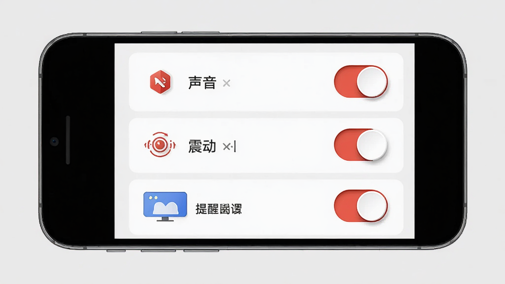 来红包提醒管家多种提醒方式设置界面图,画面中央是一部手机,屏幕显示来红包提醒管家的提醒设置页面,页面上有声音、震动、弹窗三个开关选项,每个选项旁边配有对应的图标,背景为浅灰色,布局为上下排列,排版整齐,风格为简约商务风,细节包括开关按钮的立体感和图标线条的精细度,画质高清,画面干净,无多余元素