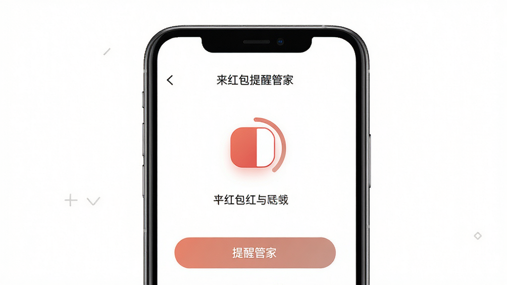 来红包提醒管家简洁操作界面展示图,画面主体是一部手机,手机屏幕显示来红包提醒管家的主界面,界面上有大号的开关键和清晰的文字标签,背景为纯白色,布局为上下结构,排版宽松,风格为极简主义设计,细节包括按钮的圆角和文字的清晰度,画质高清,画面干净,无多余元素