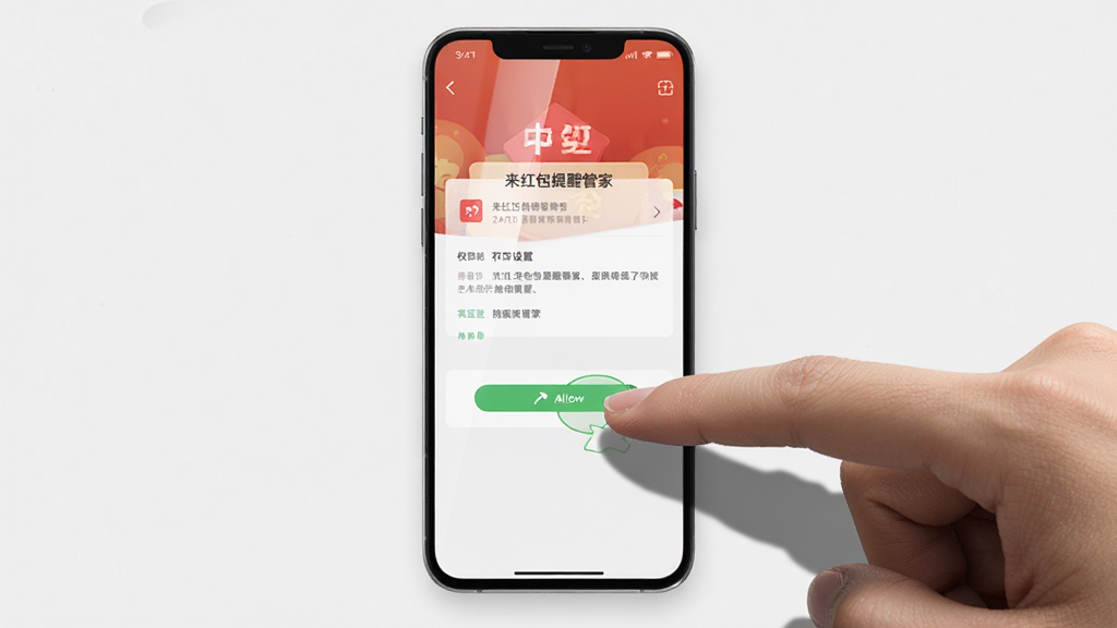 来红包提醒管家在安卓手机上的操作演示图,画面主体是一部手机和一只手,手机屏幕显示来红包提醒管家的权限设置页面,手指正在点击允许按钮,布局为手机居中、手指从右侧伸入,排版自然,风格为写实风格,细节包括手指的阴影和手机屏幕的反光,画质高清,画面干净,无多余元素