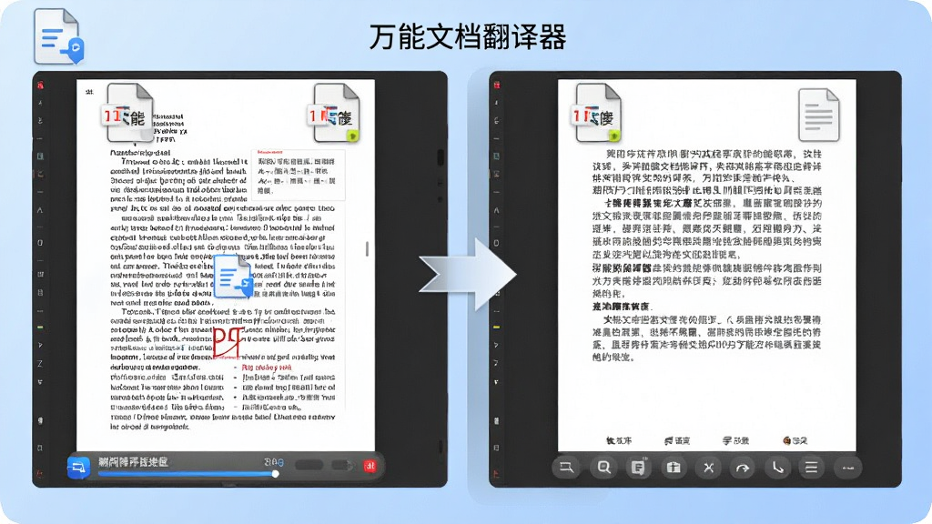 ����չʾ�������ĵ������������ڴ���һ��PDF�ĵ��������ʾԭʼӢ��PDFҳ�棬�Ҳ�ͬ��������������ҳ�棬�м���ת����ͷ������Ϊ����ɫ���䣬����Ϊ���Ҷ���ʽ�����Ϊ�����Լ�磬ϸ�ڰ����ļ���ʽͼ�ꡢ��������������Ա�ʶ����������������ɾ����޶���Ԫ��