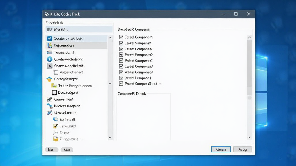һ��չʾK-Lite Codec Pack��������ĸ���Ԥ��ͼ������������������װ�򵼴��ڣ����Ϊ����ģ���б����Ҳ���ʾ�����������ѡ���棬����Ϊ������ɫ�������棬������ɾ����񣬻����������޶���Ԫ��