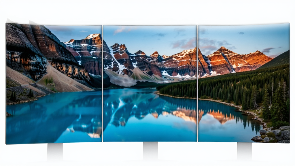 DisplayFusion ��ֽ��������ʾ��ͼ������Ϊ��̨��ʾ��ƴ����ʾͬһ�ſ����羰��ֽ������Ϊ�������������У��Ű����չʾ�����ΪΨ�������ֽ�磬ϸ�ڰ�����ֽ�ָ���롢��Ļ��Ե�ں���Ȼ�����ʳ���ɾ��޶���Ԫ��