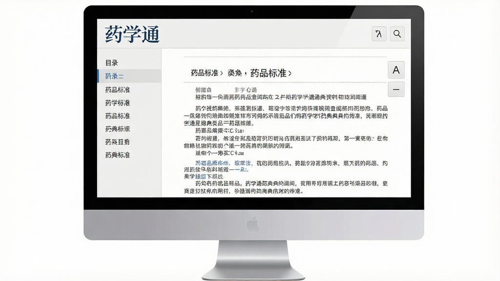 一张展示药学通药典资料查阅功能的预览图,画面中央为电脑屏幕,屏幕上显示药典资料阅读页面,页面顶部有“药学通”文字标识,正文区域为药品标准条目内容,左侧有目录导航,右侧有字体缩放按钮,布局为三栏式,风格为素雅的文档阅读界面,细节上文字清晰,排版规范,画质高清,干净,无多余元素