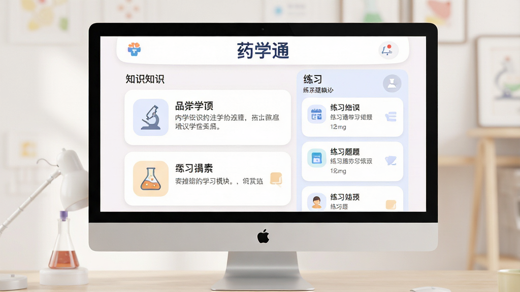 一张展示药学通学习模块的预览图,画面中央为电脑屏幕,屏幕上显示学习板块页面,页面顶部有“药学通”文字标识,内容区域为图文并茂的知识卡片和练习题目列表,布局为左右分栏,风格为柔和圆角的学习类界面,细节上卡片带有图标,文字清晰,画质高清,干净,无多余元素