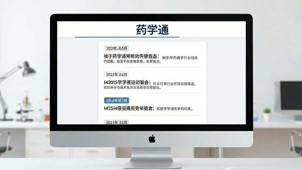 一张展示药学通行业动态功能的预览图,画面中央为电脑屏幕,屏幕上显示资讯列表页面,页面顶部有“药学通”文字标识,列表条目带有日期标签和标题摘要,布局为单栏纵向排列,风格为简约商务的资讯阅读界面,细节上条目分隔清晰,字体大小适中,画质高清,干净,无多余元素