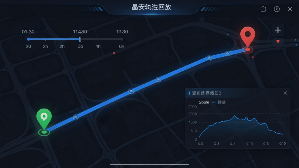 晶安应用内地图轨迹回放界面,深色地图背景上显示一条蓝色行车轨迹线,起点与终点用绿色和红色标记,旁边悬浮显示时间轴与速度曲线图,界面风格科技感强,画质干净清晰