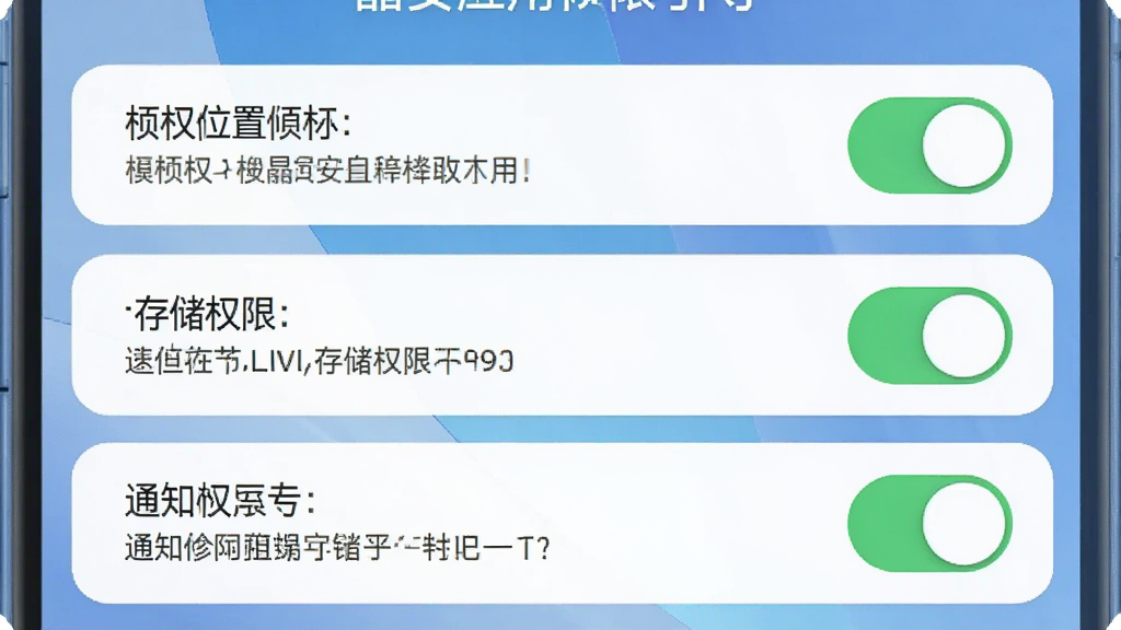 晶安应用权限设置引导页面截图风格,手机屏幕显示位置权限、存储权限与通知权限三个开关选项,每个选项旁有简要说明文字,背景为淡蓝色渐变,界面干净整洁,画质清晰