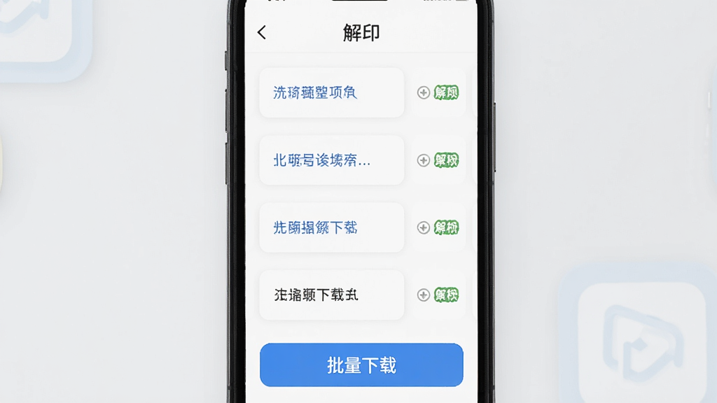 解印批量下载功能界面,手机屏幕显示多个视频链接输入框排列整齐,每个链接后面有解析状态图标,底部有
