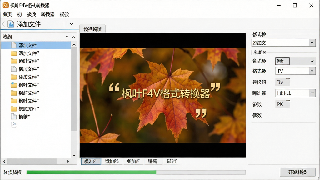 一张展示枫叶F4V格式转换器软件界面的图片,主体是软件主窗口,布局为左侧文件列表区、中间预览窗口、右侧参数设置面板,排版整齐清晰,风格为现代简约科技风,细节包括顶部菜单栏、底部转换进度条、格式选择下拉框,画面干净无多余元素,画质为高清2K,图片中文字必须加引号,如“枫叶F4V格式转换器”“添加文件”“开始转换”,整体干净整洁无多余元素
