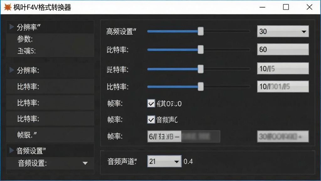 一张展示枫叶F4V格式转换器参数设置面板的图片,主体是软件界面中的高级设置区域,布局为左侧参数分类、右侧滑块和输入框,排版为网格状,风格为深色专业风,细节包括分辨率下拉框、比特率滑块、帧率选项、音频声道选择,画面干净无多余元素,画质为高清2K,图片中文字必须加引号,如“枫叶F4V格式转换器”“分辨率”“比特率”“帧率”“音频设置”,整体干净整洁无多余元素
