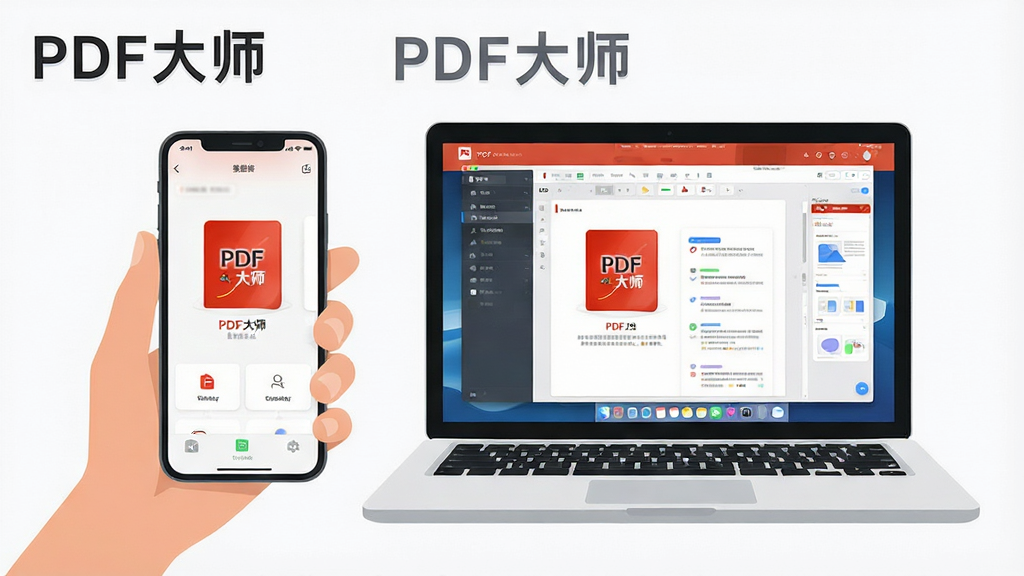 一张展示PDF大师使用教程的示意图,画面中一只手拿着手机,手机屏幕上显示PDF大师移动端界面,旁边有一台笔记本电脑显示电脑端界面,画面风格为扁平化插画,细节清晰,画质干净,无多余元素,画面中带有