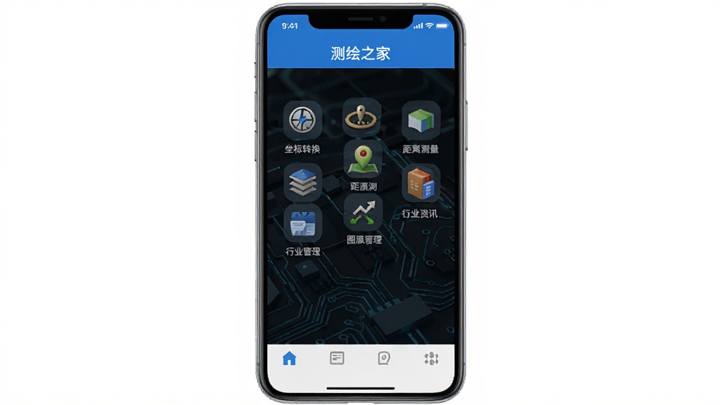 手机屏幕中显示测绘之家应用主界面,顶部为蓝色导航栏写着测绘之家,中部排列着坐标转换、距离测量、图源管理、行业资讯等图标按钮,底部为导航菜单栏,背景为深色科技感纹理,整体风格简洁专业,画质清晰,干净无多余元素