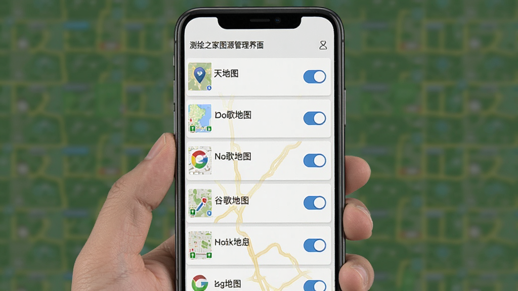 测绘之家图源管理界面,手机屏幕显示多个地图图源列表,包含天地图、谷歌地图等名称,每个图源右侧有开关按钮,背景为浅灰色,界面风格简洁,画质清晰,干净无多余元素