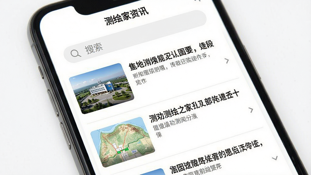 测绘之家资讯页面,手机屏幕显示新闻列表,每条新闻带有缩略图与标题,顶部有搜索框,背景为白色,界面清爽,画质清晰,干净无多余元素