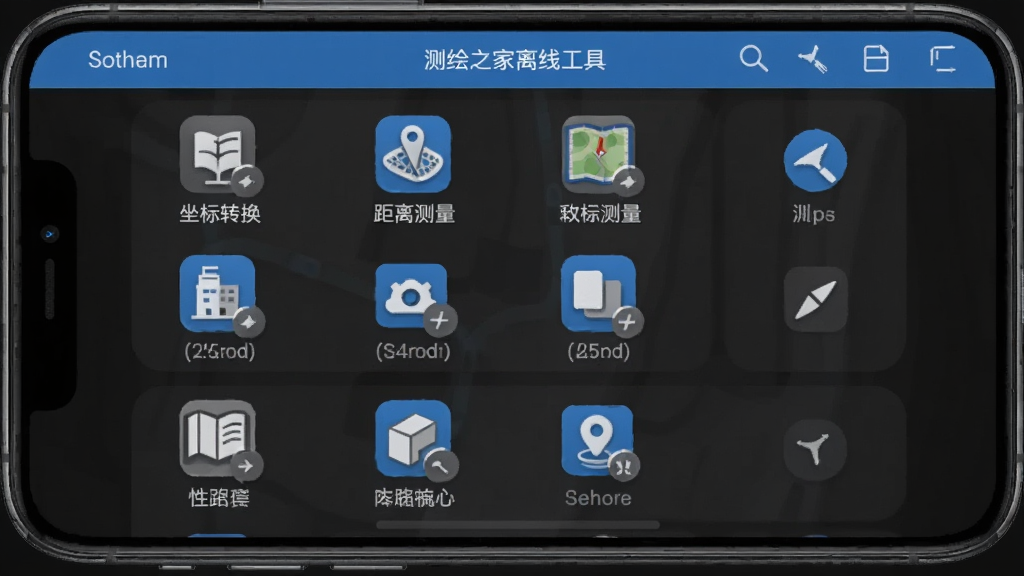 测绘之家离线工具界面,手机屏幕显示离线可用工具列表,包括坐标转换、距离测量等,图标为灰色与蓝色搭配,背景为深色模式,画质清晰,干净无多余元素