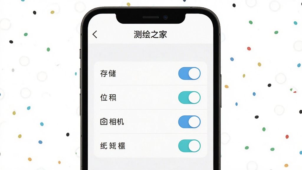 测绘之家新手设置界面,手机屏幕显示权限管理页面,包含存储、位置、相机等权限开关,背景为白色,界面简洁,标注测绘之家,画质清晰,干净无多余元素