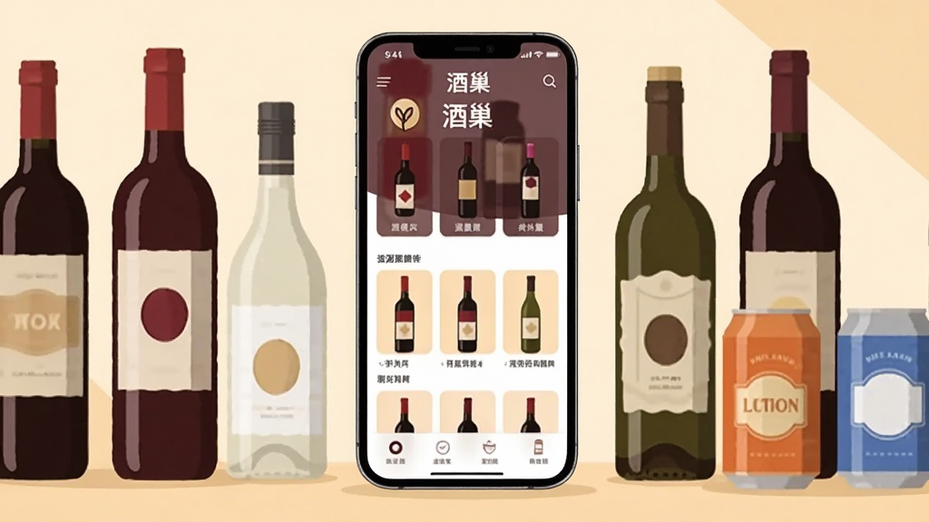 画面中央是一部现代智能手机,手机屏幕显示着酒巢APP的首页界面,界面中有各种酒瓶的图标和清晰的分类标签。手机周围环绕着红酒瓶、白酒瓶和啤酒罐,排列整齐。背景是干净明亮的暖色调,采用扁平化插画风格,细节丰富,画质清晰,画面中带有“酒巢”文字标识,整体干净无多余元素。