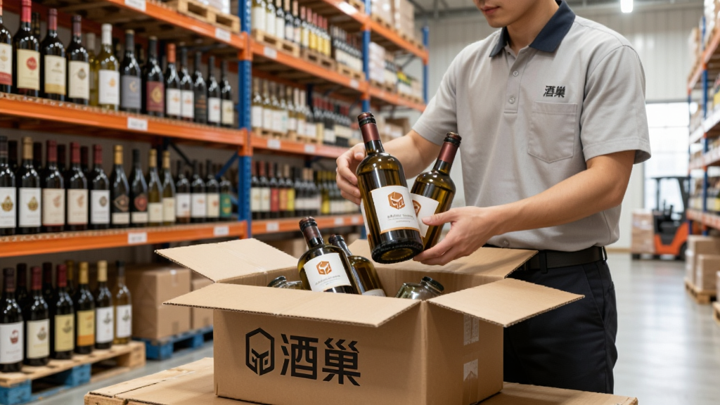 画面主体是一个简洁的仓库发货场景,一位工作人员正在将包装精美的酒水放入带有“酒巢”标志的快递箱中。背景是整齐排列的货架,货架上摆满了各种酒类。采用写实摄影风格,光线明亮柔和,细节清晰,画质干净,画面中带有“酒巢直供”文字标识,无多余元素。