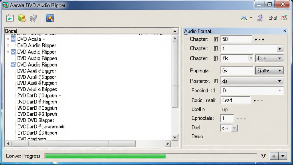 软件主界面截图,画面中央展示 Acala DVD Audio Ripper 的窗口,左侧为 DVD 章节列表,右侧为音频格式与码率设置面板,底部有转换进度条,整体风格为经典 Windows 桌面软件界面,干净整洁,无多余元素,高清画质