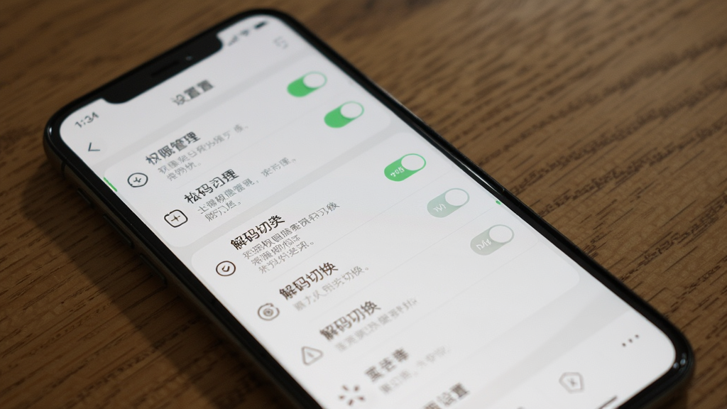 一张展示私人天堂影片播放器设置界面的图片,主体为手机屏幕显示权限管理与解码切换选项,布局为纵向列表式排版,风格为素雅极简风,细节包括开关按钮、文字说明、图标,画质高清,干净,无多余元素