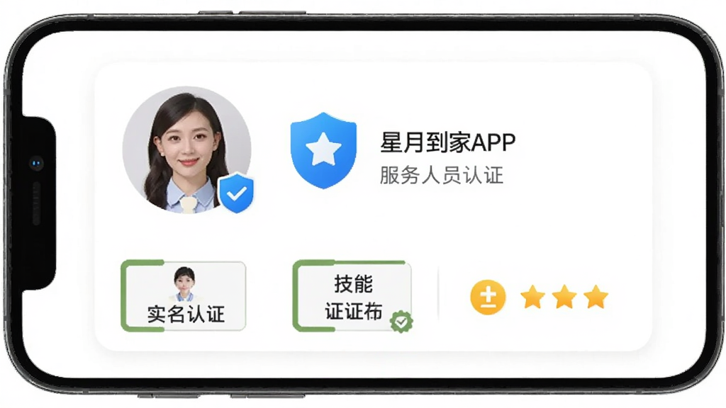 星月到家APP服务人员认证页面,手机屏幕显示服务人员头像、实名认证标识、技能证书和用户评分,背景为白色卡片式布局,认证标识采用蓝色盾牌图标,整体给人安全可靠的感觉,高清画质