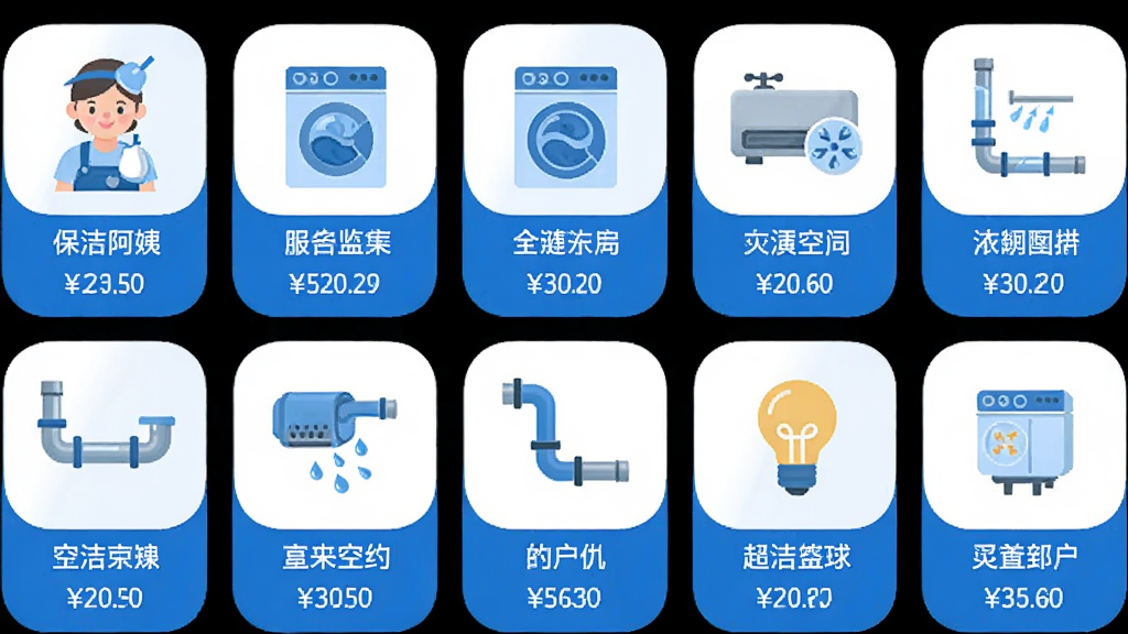 星月到家APP服务分类页面,手机屏幕展示网格状服务图标,包括保洁阿姨、洗衣机、空调、水管、灯泡等图标,每个图标下方有服务名称和起步价,配色采用蓝白相间,图标风格统一为圆角扁平化,界面清爽易读,高清画质