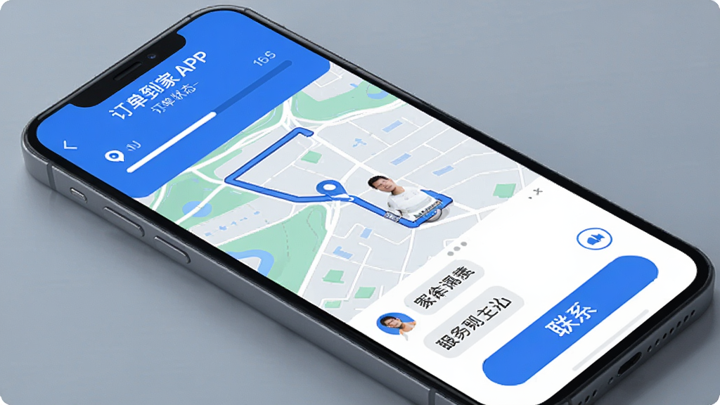 星月到家APP订单跟踪页面,手机屏幕显示地图路线和服务人员移动位置,上方显示订单状态进度条,下方为聊天对话框和联系按钮,整体布局清晰,蓝色主题色调,现代简约风格,高清画质