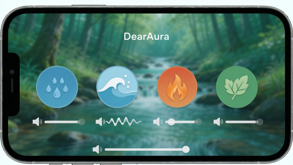 DearAura沉浸式白噪音功能界面图,画面展示手机横屏放置,屏幕中显示着多个圆形音效图标,分别代表雨滴、海浪、火焰和树叶,图标带有音量滑块,背景是模糊的森林溪流场景,整体色调为清新的蓝绿色,风格自然宁静,画质高清,干净无多余元素