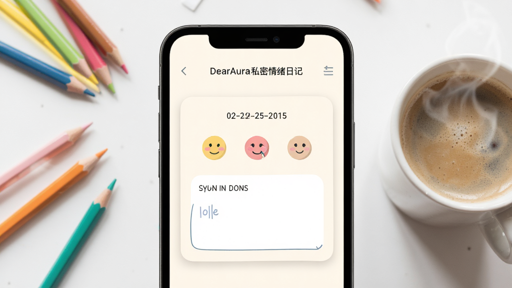DearAura私密情绪日记功能界面展示图,画面主体是手机屏幕特写,屏幕上显示着带有日期、心情图标和文字输入框的日记卡片,卡片背景是柔和的米白色,周围散落着几支彩色铅笔和一杯冒着热气的咖啡,布局简洁,风格清新,画质清晰,干净无多余元素