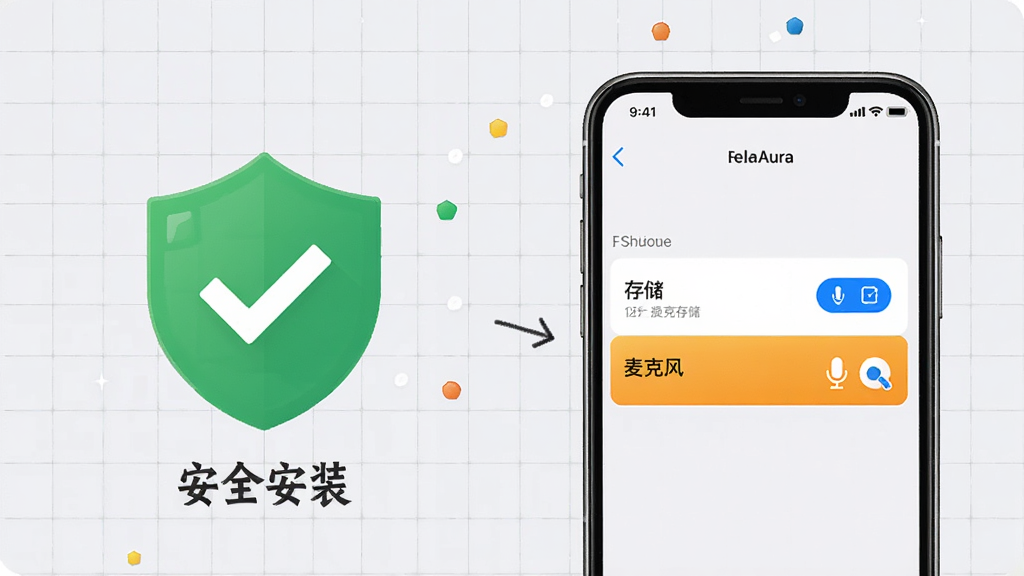 DearAura新手避坑指南示意图,画面左侧是一个带有对勾的绿色盾牌图标,代表安全安装,右侧是一个手机屏幕显示权限设置界面,界面中“存储”和“麦克风”权限被高亮标注,背景是浅灰色网格,整体风格简洁明了,画质清晰,干净无多余元素
