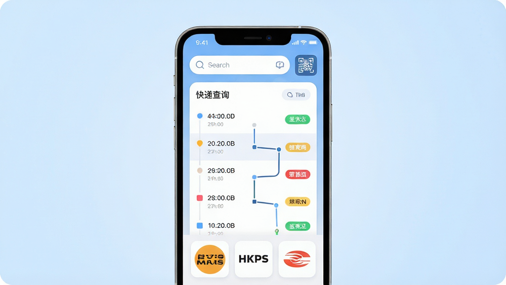 快递物流速查软件主界面全貌展示,画面中央是一部智能手机,屏幕亮起显示快递查询结果列表,上方有搜索框和扫码图标,下方排列多家快递公司标识,背景是整洁的浅蓝色渐变,布局采用居中对称构图,排版清晰有序,风格为扁平化UI设计,细节包括圆角卡片、物流轨迹时间轴、彩色状态标签,画质高清,画面干净,无多余元素