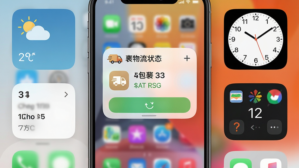 快递物流速查桌面小组件功能展示,画面中央是手机主屏幕,屏幕上有一个矩形小组件显示快递物流速查的包裹状态卡片,周围有天气、时钟等常见小组件作陪衬,布局为桌面网格排列,排版自然,风格为写实UI风格,细节包括圆角卡片、快递图标、状态文字、刷新按钮,画质清晰,画面干净,无多余元素