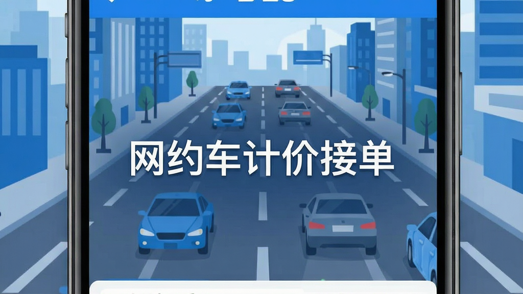一张手机屏幕展示网约车计价接单软件主界面的预览图,界面中央显示“网约车计价接单”软件名称,背景为城市道路与车辆,风格为扁平化科技感,蓝白配色,画质清晰干净,无多余元素