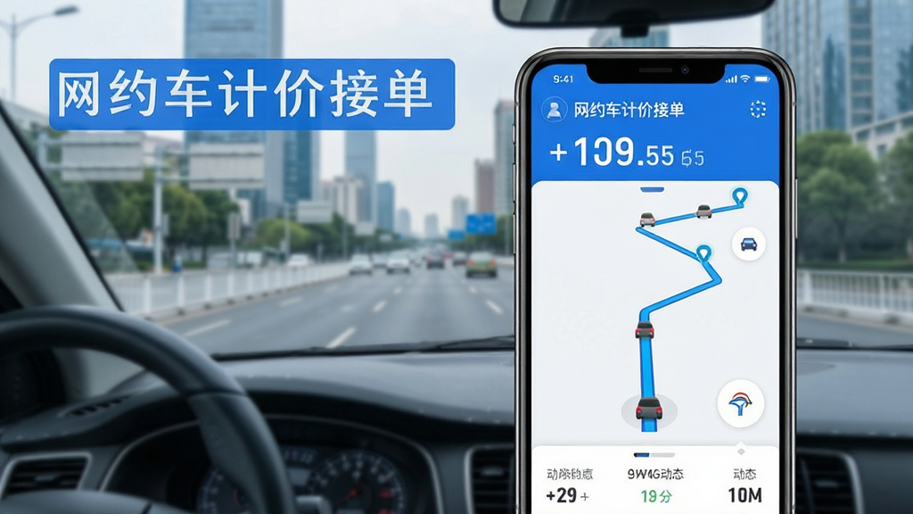 网约车计价接单软件实时里程追踪功能展示图,手机界面显示行驶路线与动态计费金额,背景为城市道路,画面中包含“网约车计价接单”文字,风格现代简约,蓝白配色,画质干净清晰