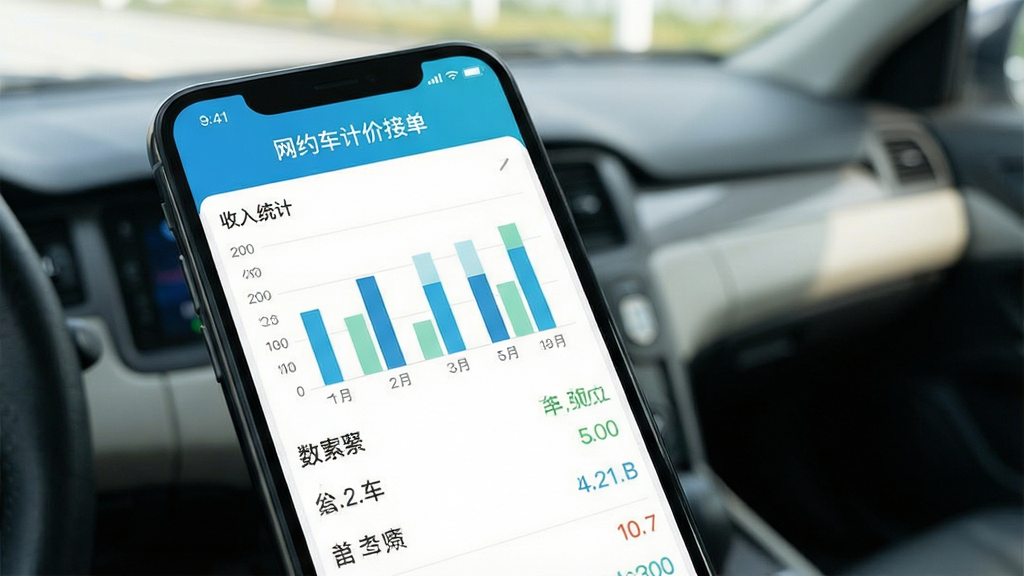 网约车计价接单软件收入统计页面展示图,手机屏幕显示柱状图与数据列表,界面顶部有“网约车计价接单”标识,风格清新浅色,数据可视化清晰,画质高清无多余元素