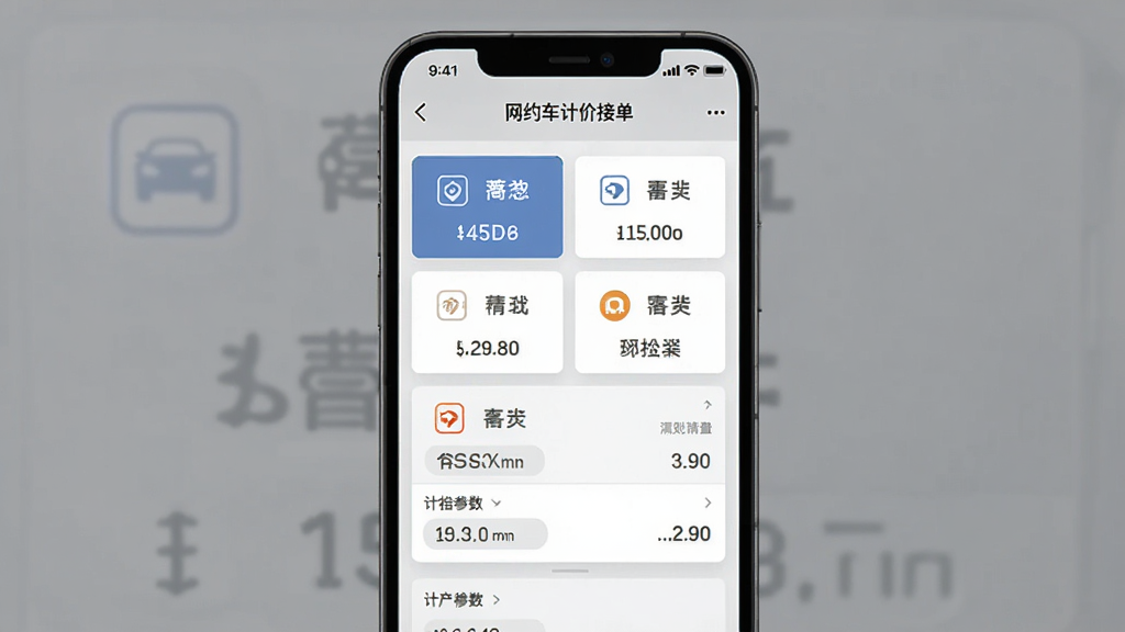 网约车计价接单软件多平台规则切换界面图,手机屏幕显示多个平台选项与计价参数设置,画面中有“网约车计价接单”字样,风格素雅极简,灰白配色,画质清晰干净