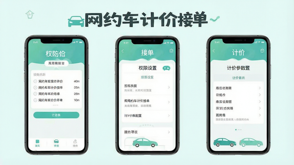 网约车计价接单软件使用教程示意图,手机屏幕展示权限设置与计价参数配置界面,画面中有“网约车计价接单”文字,风格为清新浅色,布局清晰,画质干净无多余元素