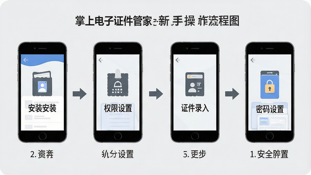 掌上电子证件管家新手操作流程图,手机界面分步骤展示安装、权限设置、证件录入、安全密码设置四个环节,每个步骤配有简洁图标与文字说明,背景为浅灰色,风格清新商务,扁平化设计,高清画质,画面干净整洁