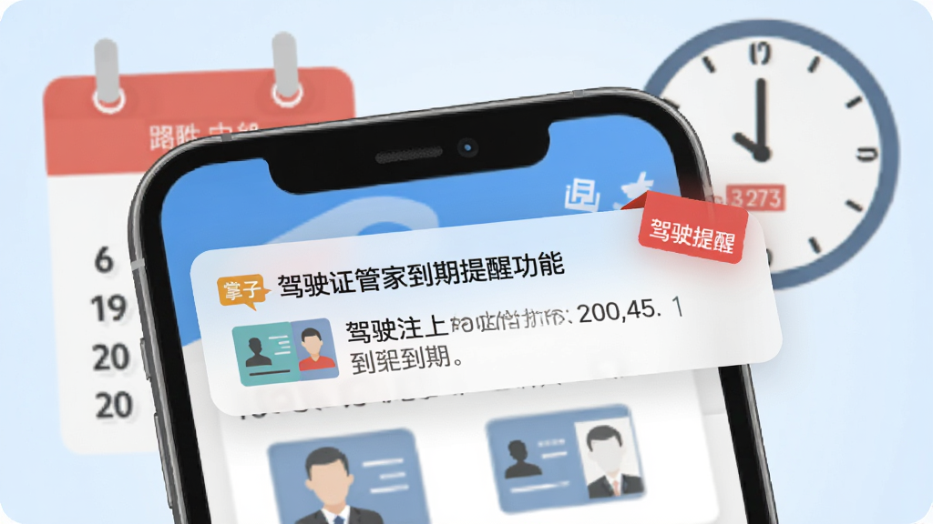 掌上电子证件管家到期提醒功能界面,手机屏幕显示通知栏弹出驾驶证即将到期的提醒消息,背景为日历与时钟元素组合,界面中有醒目的红色提醒标签与证件图标,整体风格清新明快,扁平化设计,高清画质,画面简洁无杂乱元素