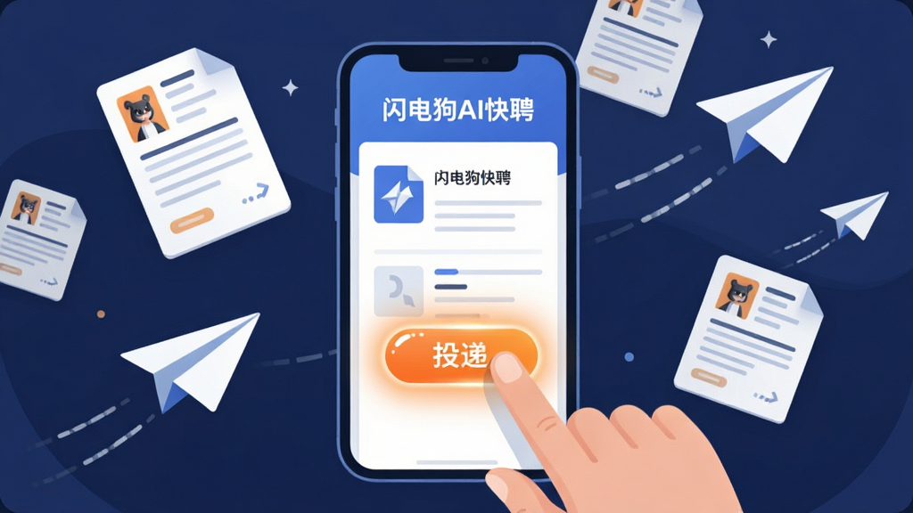 画面中央一只手点击手机屏幕上的“投递”按钮,按钮发出橙色光晕,手机屏幕显示“闪电狗AI快聘”简历页面,周围漂浮多份简历文档图标和纸飞机图标,布局为居中特写,风格为现代扁平插画,细节有按钮高光和纸飞机轨迹线,画质清晰,干净,无多余元素