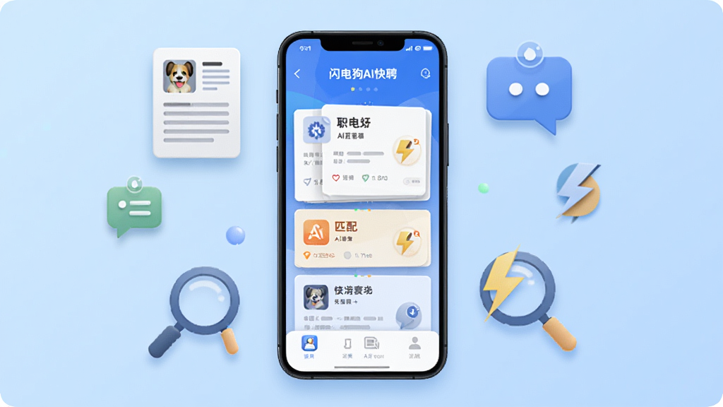 画面中央一部智能手机,屏幕显示“闪电狗AI快聘”应用主界面,界面中有职位卡片和AI匹配标识,手机周围环绕简历图标、对话气泡、放大镜和闪电符号,背景为浅蓝色渐变,布局居中对称,风格为扁平化科技插画,细节包括卡片阴影和图标高光,画质清晰,干净,无多余元素