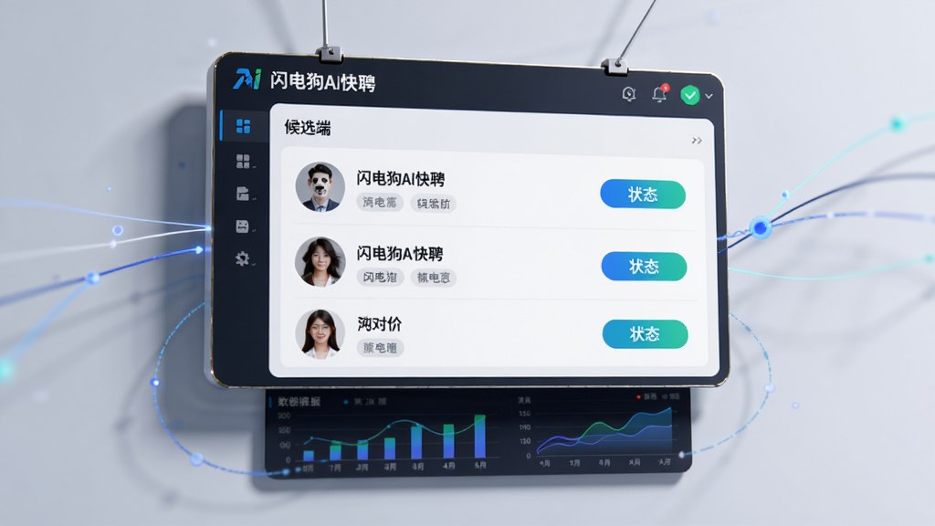 画面主体为一块悬浮的数字化管理面板,面板上显示“闪电狗AI快聘”企业端候选人列表,有头像、标签和状态按钮,面板下方有数据图表,布局为居中展示,风格为商务科技风,细节有面板投影和数据线条,画质清晰,干净,无多余元素